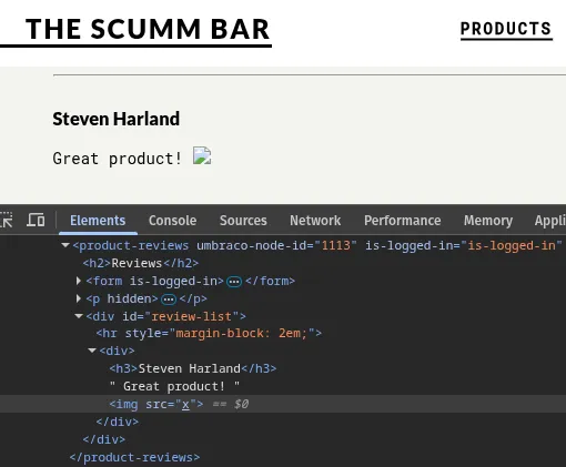 The resulting review in Burp browser. It contains the text "Great product!" followed by a broken image. DevTools is open showing that the payload has been sanitised with the "onerror" attribute removed.