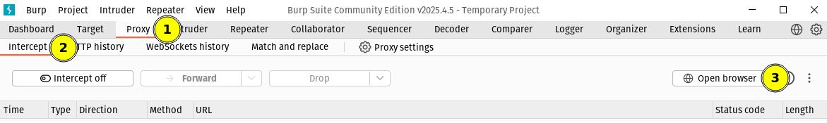 The Burp Suite window with the "Proxy" tab selected. Underneath that the "Intercept" tab is selected. The "Open browser" button can be seen on the right of the window.