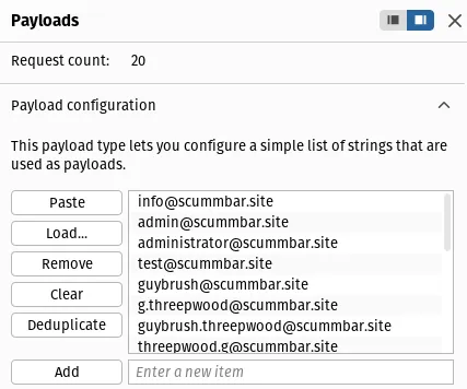 Burp Intruder payload configuration tab. A list of potential email addresses has been pasted in.