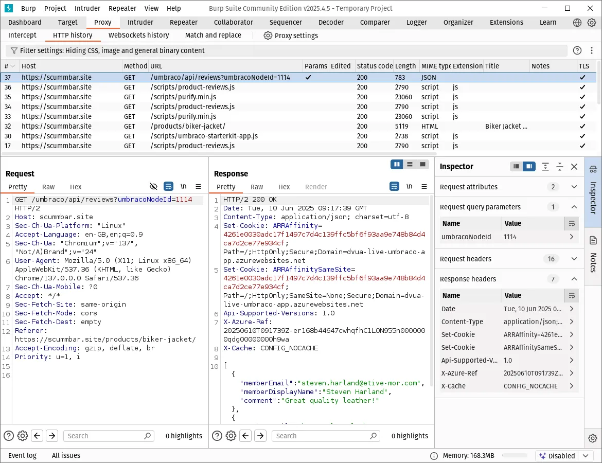 Burp Suite with the Proxy HTTP history tab selected. A request to the reviews API is selected and the raw HTTP request and responses can be seen at the bottom of the window.
