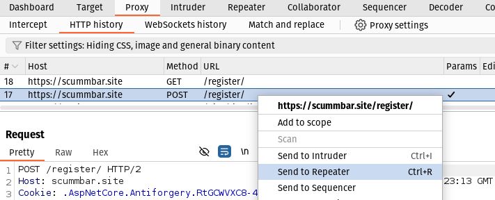 The Burp Proxy HTTP history tab. A POST request to "/register/" has been right-clicked and the "Send to Repeater" menu item is selected.