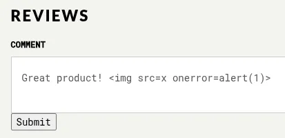 The product review form with the payload pasted in the comment field.