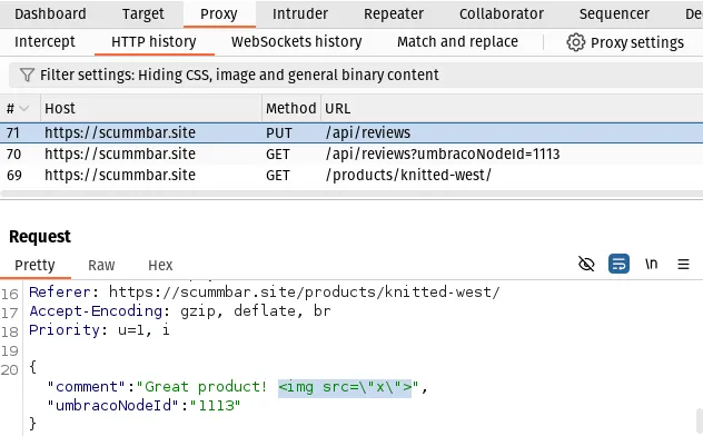 The Burp Proxy HTTP history tab with the "/api/reviews" request selected. The sanitised XSS attempt can be seen highlighted in the "comment" property in the request body.