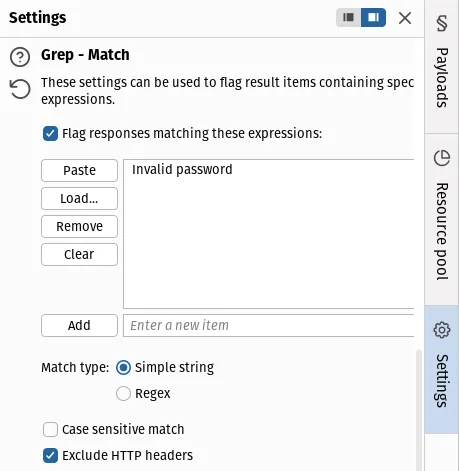 Burp Intruder "Grep - Match" settings. The checkbox beside "Flag responses matching these expressions" is checked. The list of expressions contains a single entry: "Invalid password". The match type is set to "Simple string".