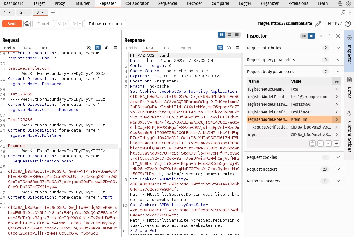 The Burp Repeater tab after sending the request. An HTTP 302 Found response can be seen in the middle of the window.