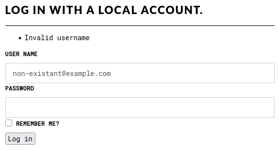 The login form on the site with the error message "Invalid username". The value in the username field is "non-existant@example.com".