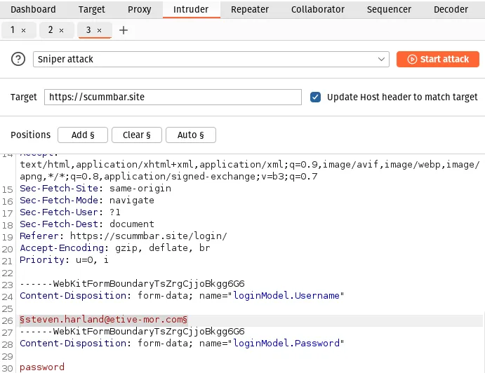 The Burp Intruder tab with the request editor showing. The text "steven.harland@etive-mor.com" is surrounded by "§" placeholder characters.