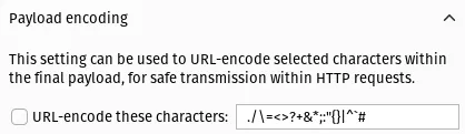 Burp Intruder payload encoding configuration. The checkbox beside "URL-encode these characters" is unchecked.