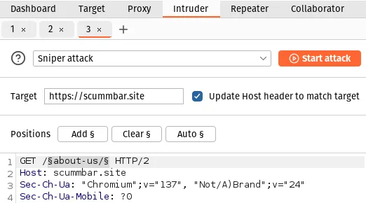 The Burp Intruder tab with the request editor showing. The text "about-us/" is surrounded by "§" placeholder characters.