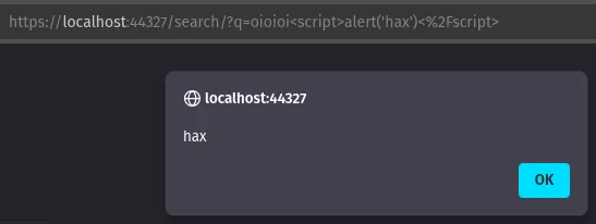 The Clean Starter Kit viewed on localhost. The  parameter in the query string of the search page contains an HTML  tag with the code . A JavaScript alert dialog is shown overlaying the window with the text "hax".