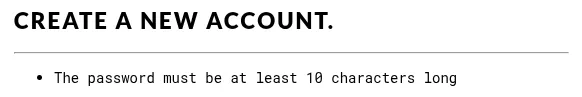 An error message on the member registration form that states "The password must be at least 10 characters long".