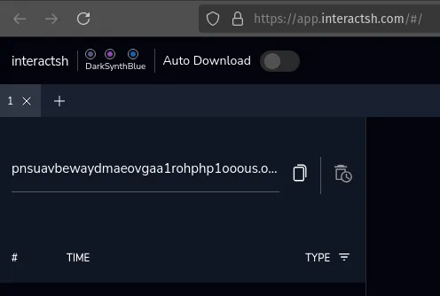 The Interactsh Web Client in its default state. A domain name is shown and there is a "copy" button beside it.