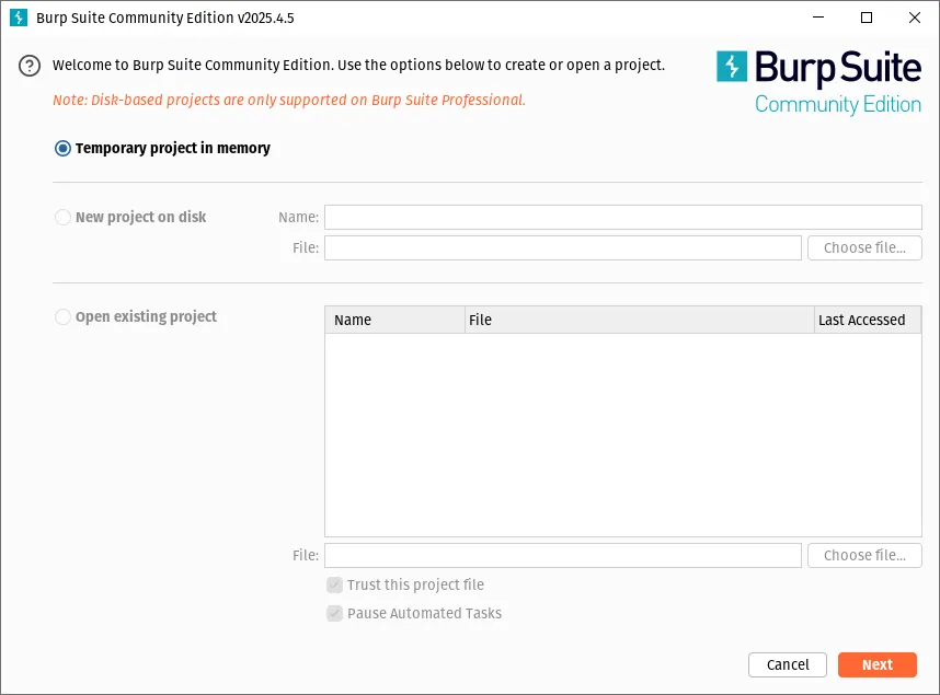 Burp Suite Community Edition welcome screen. "Temporary project in memory" is selected.
