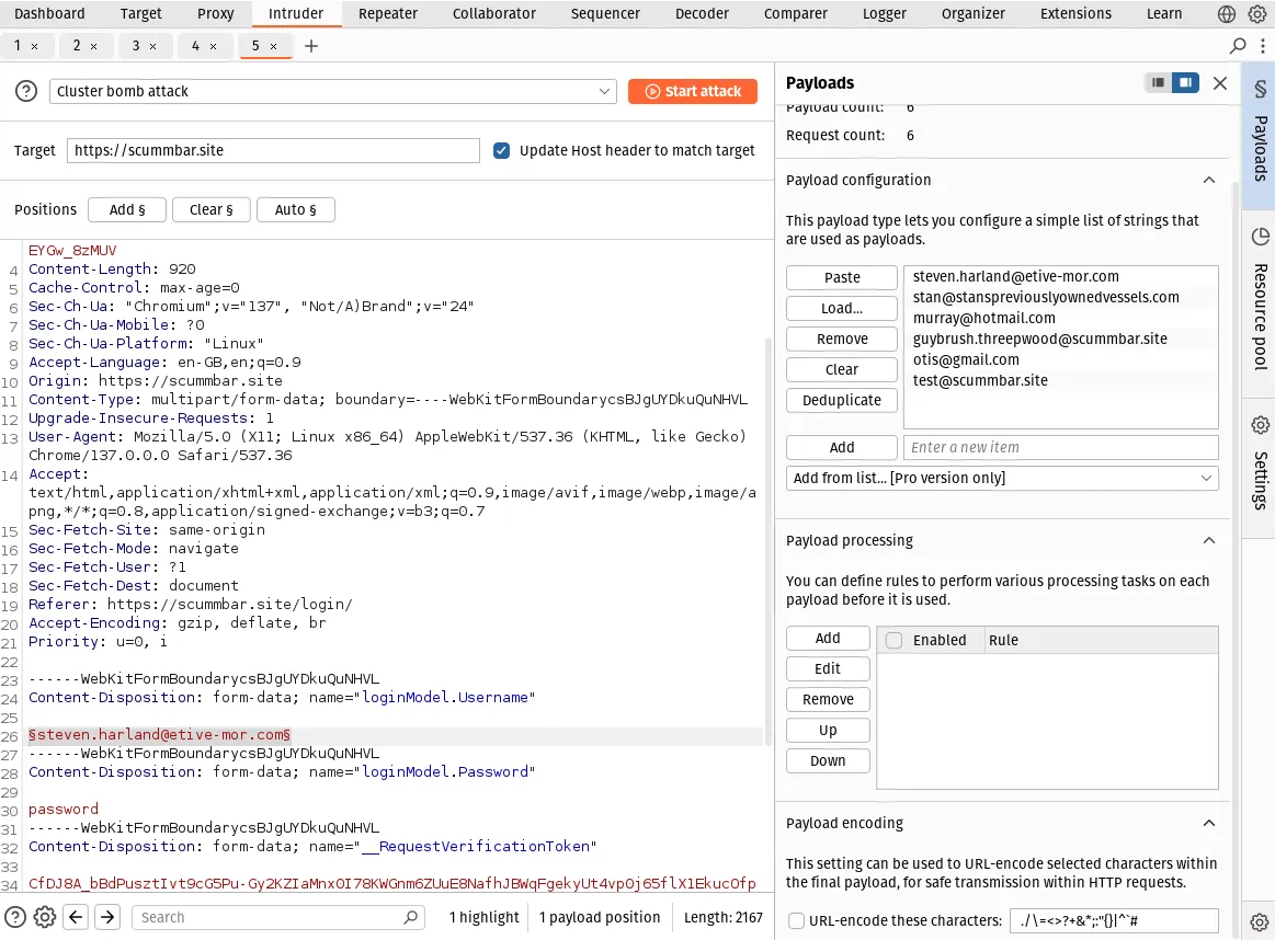 The Burp Intruder tab. The text "steven.harland@etive-mor.com" in the request editor is surrounded by "§" placeholder characters. A list of member emails has been pasted under "Payload configuration".