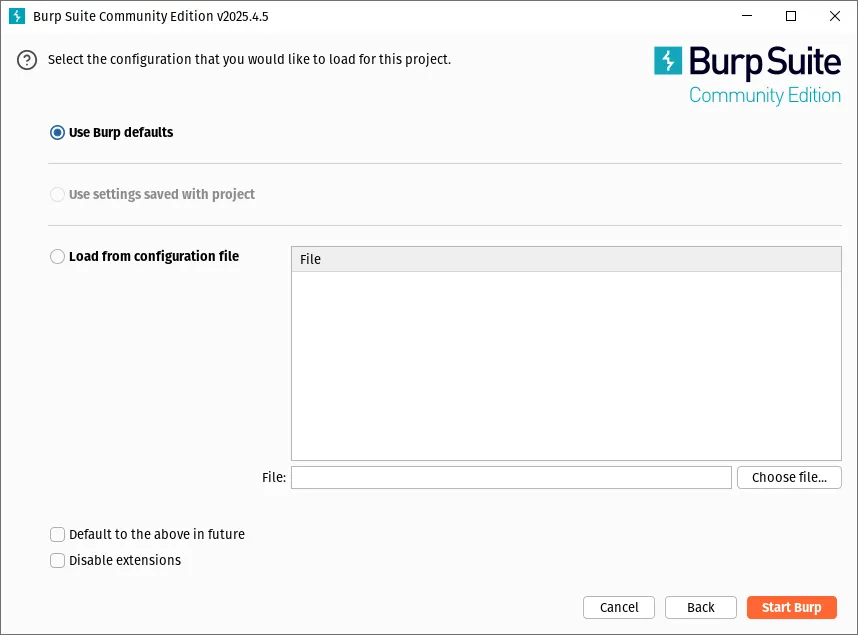 Burp welcome/configuration screen. "Use Burp defaults" is selected.