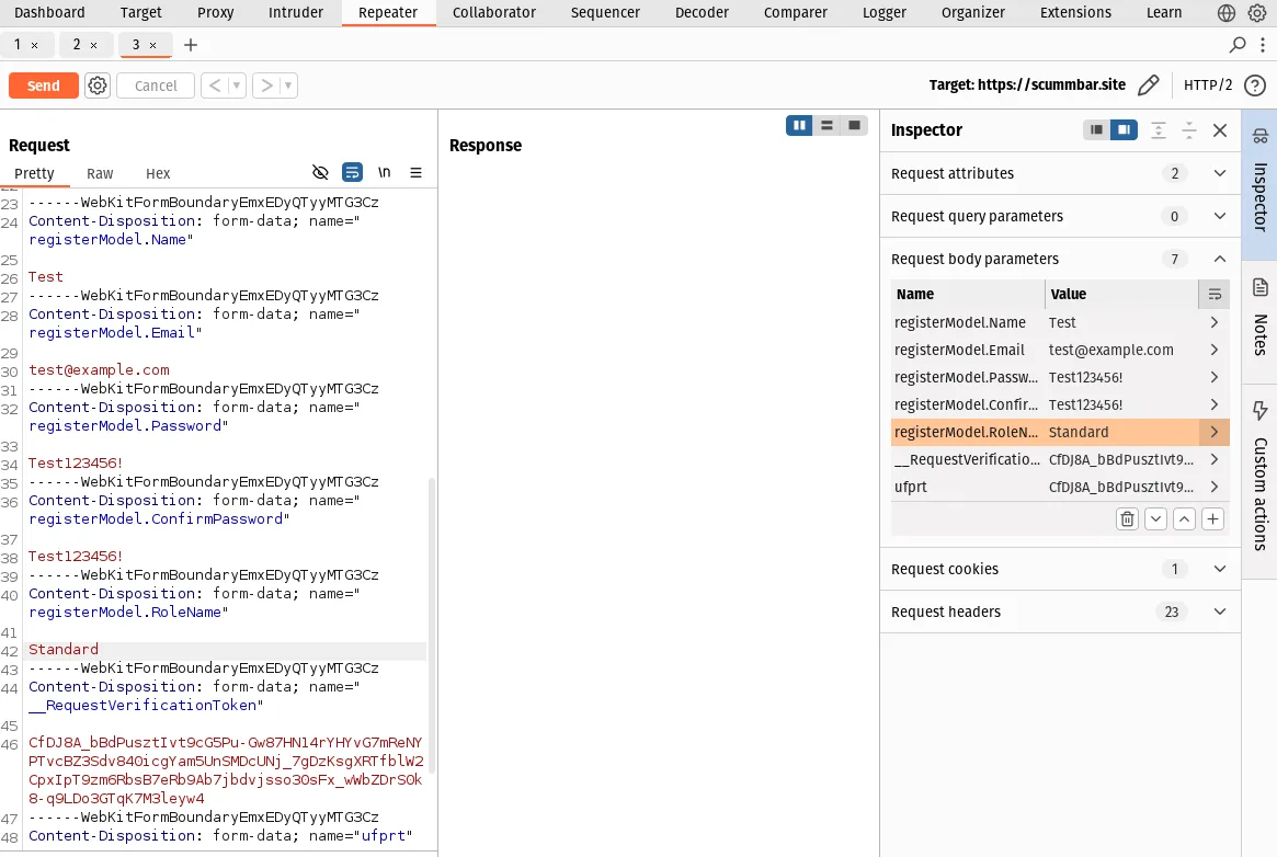 The Burp Repeater tab. The register request body can be seen on the left of the window and the Inspector tab is open on the right. A parameter named "registerModel.RoleName" can be seen with the value "Standard".