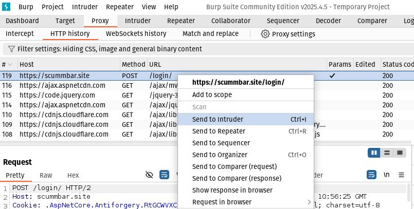 The Burp Proxy HTTP history tab. A POST request to "/login/" has been right-clicked and the "Send to Intruder" menu item is selected.